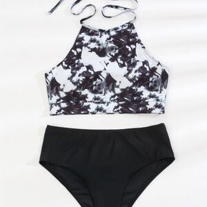 Black and White High Neck Bikini Set